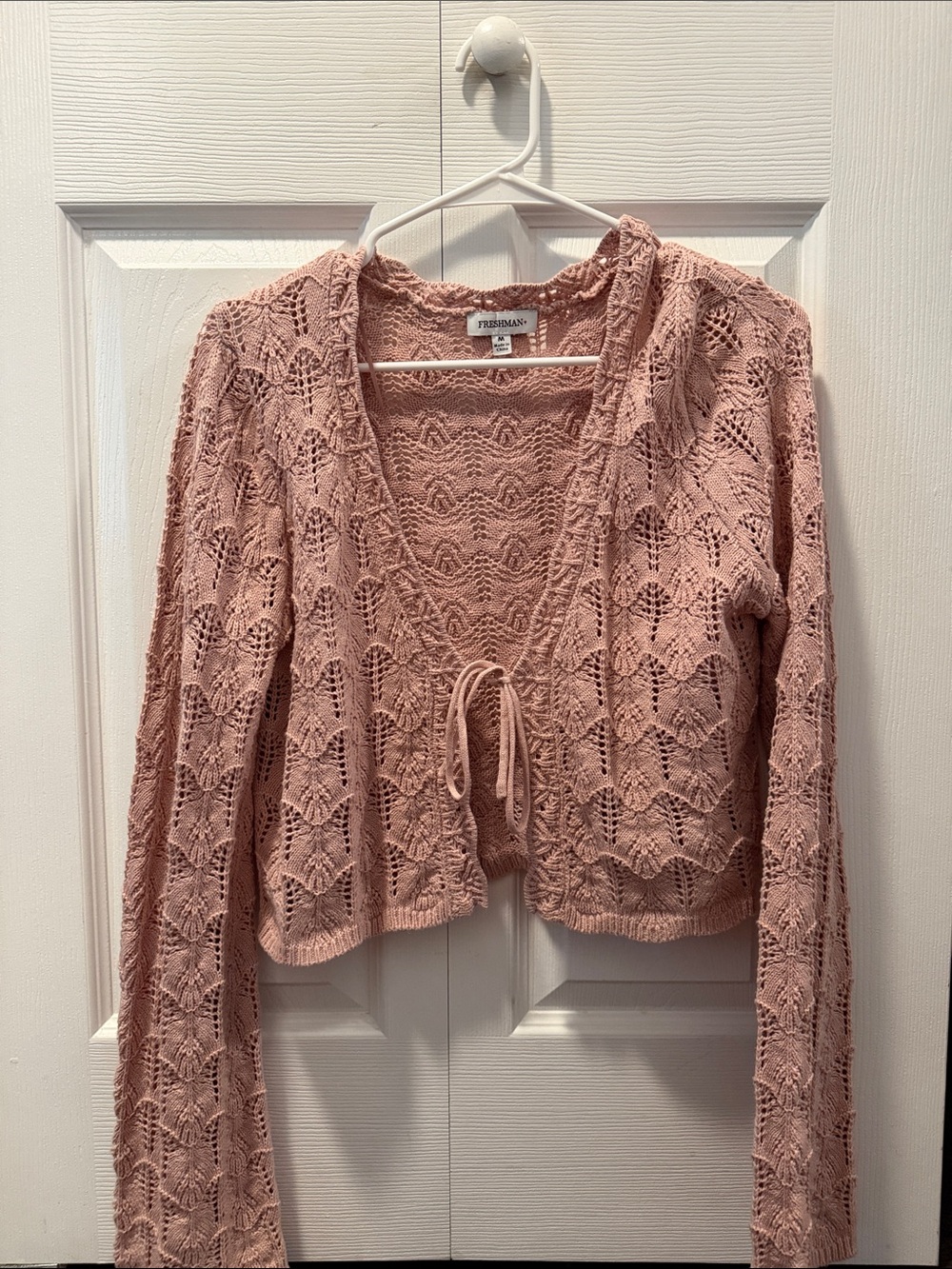 Free People Dusty Pink Crochet Tie-Front Cardigan